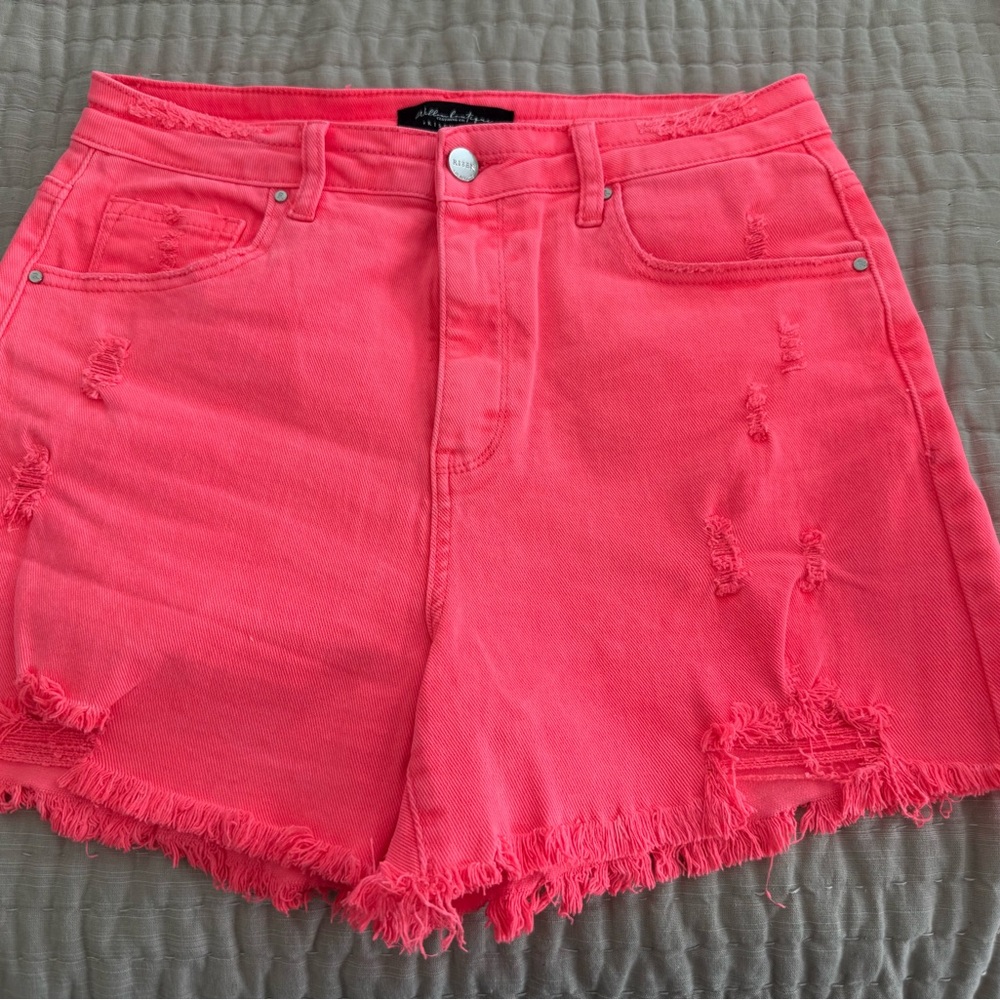Risen Neon Orange/Pink Distressed Jean Shorts High-Waisted NWOT